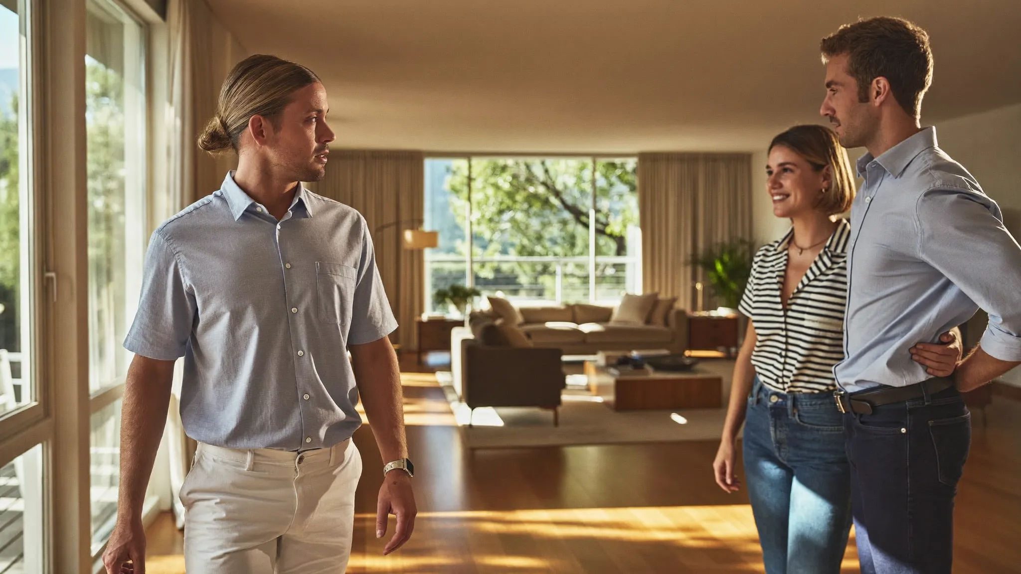 A leasing agent walks a smiling young couple through a bright, sunlit modern apartment living room during a tour.