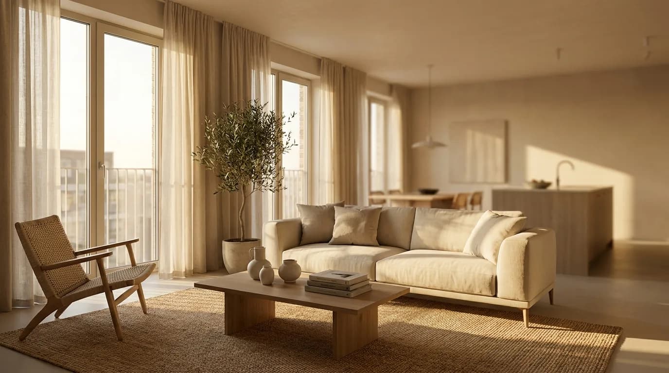 A bright modern apartment living room in warm light, the kind of unit a leasing agent closes prospects on during a tour.