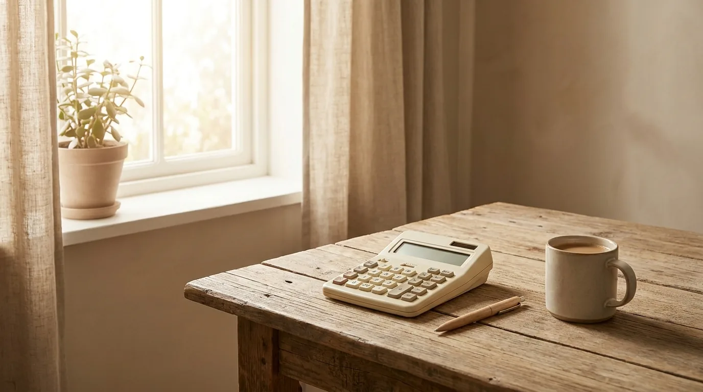 A calculator, pen, and coffee on a sunlit wooden table, the setting for working through a price objection.
