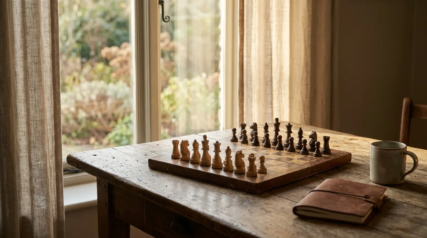 A wooden chessboard mid-game by a window, evoking the deliberate practice of sales roleplay scenarios.