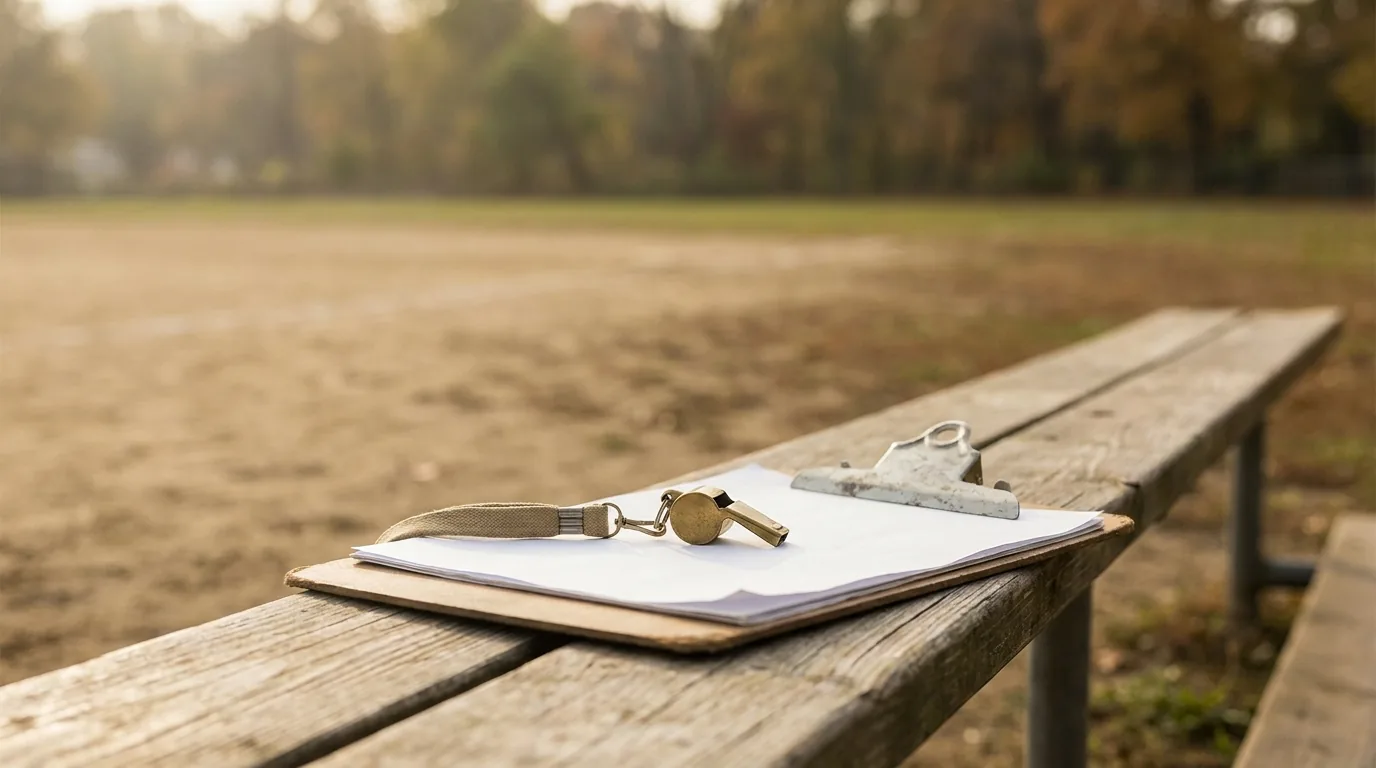 A clipboard and a coach's whistle on a wooden bench in warm light, evoking sales coaching.