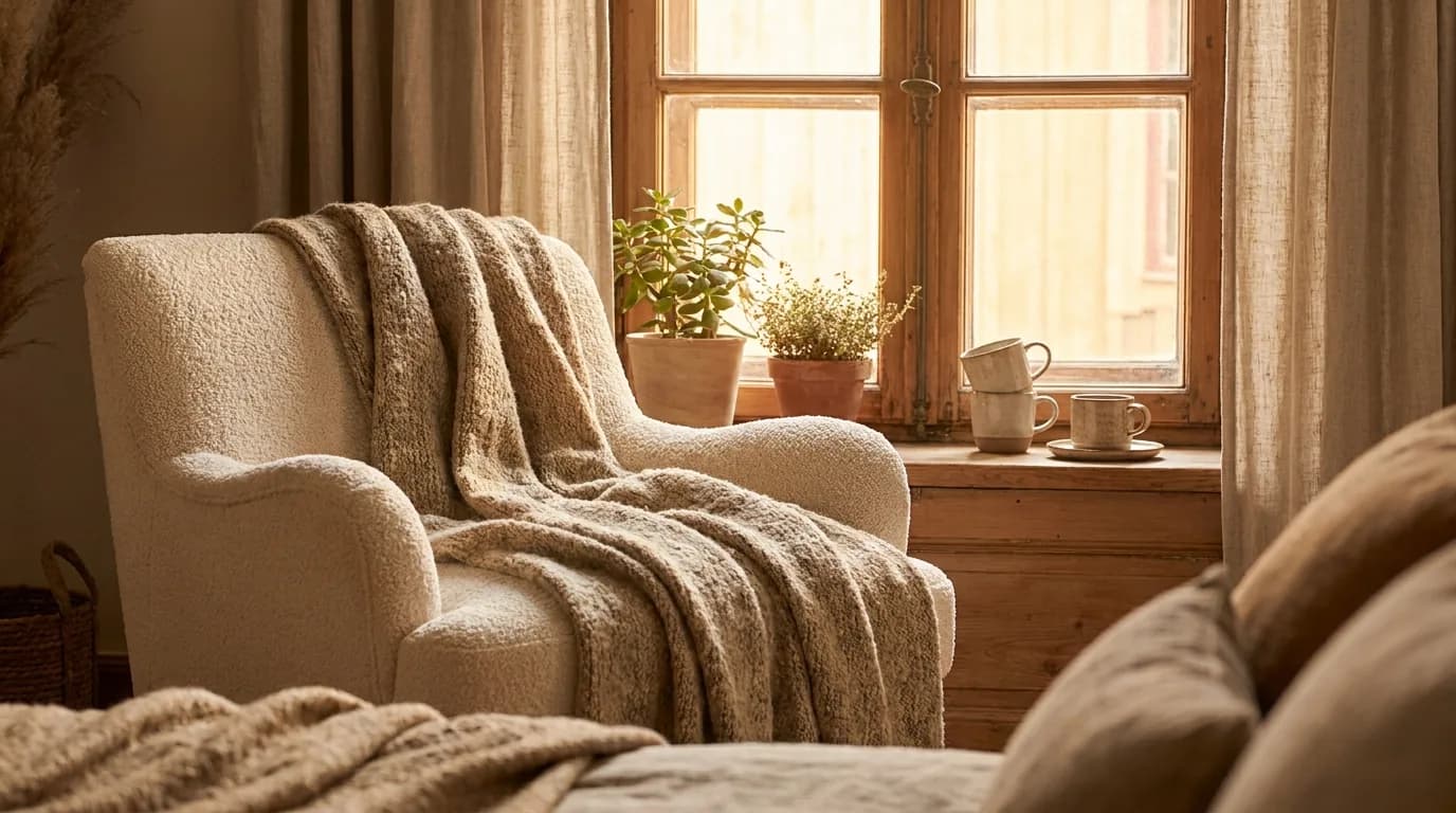 A cozy armchair with a throw blanket by a window in warm light, evoking the empathy of the Feel-Felt-Found technique.