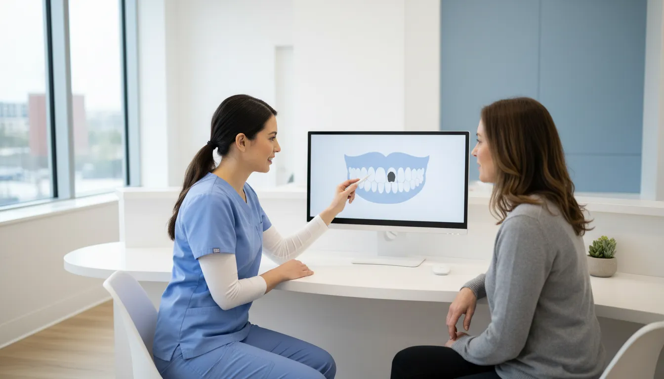 A dental treatment coordinator walking a patient through a treatment plan at a consult desk, a tooth chart on the screen between them.