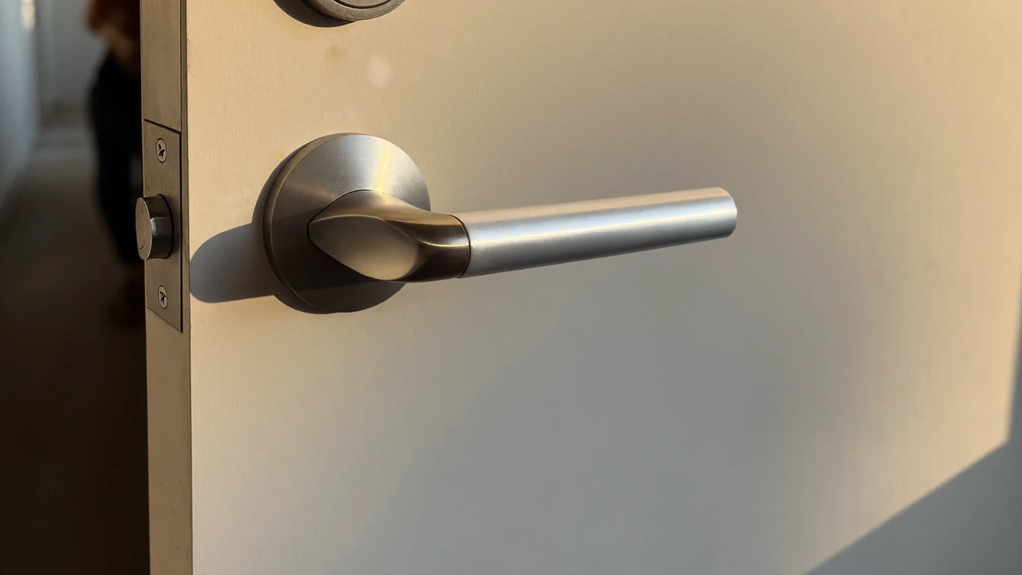 Close-up of a brushed steel lever handle and deadbolt on a partly open door with a blurred corridor beyond