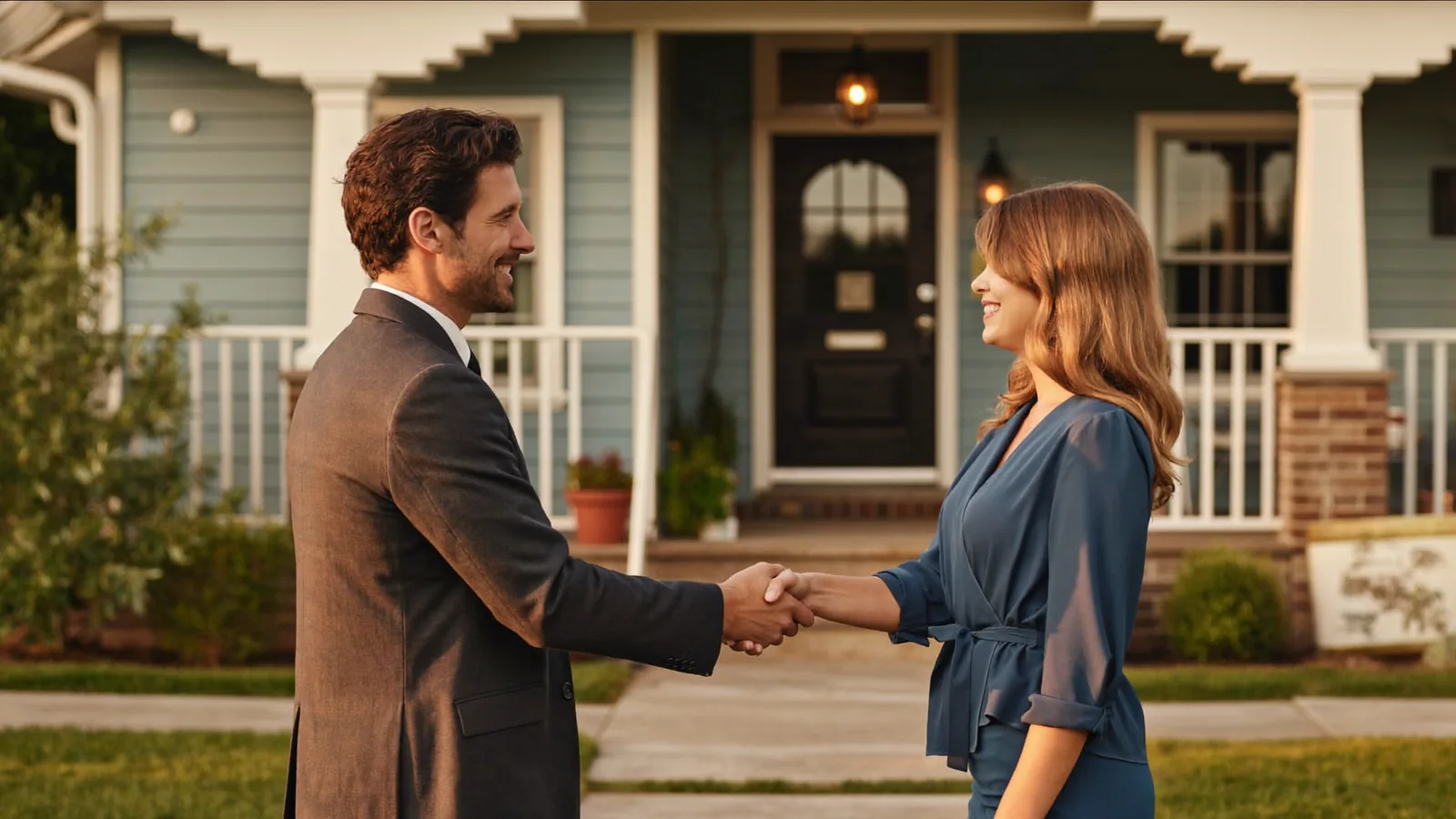 A warm handshake between a salesperson and a homeowner on a welcoming front porch at golden hour.