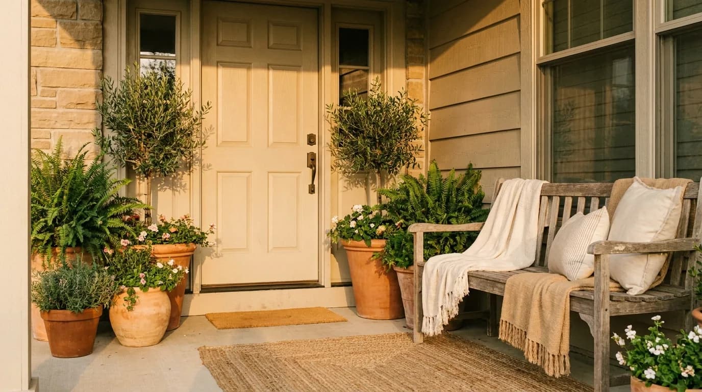 A welcoming suburban front porch and door in warm golden light, the moment before a door-to-door conversation begins.