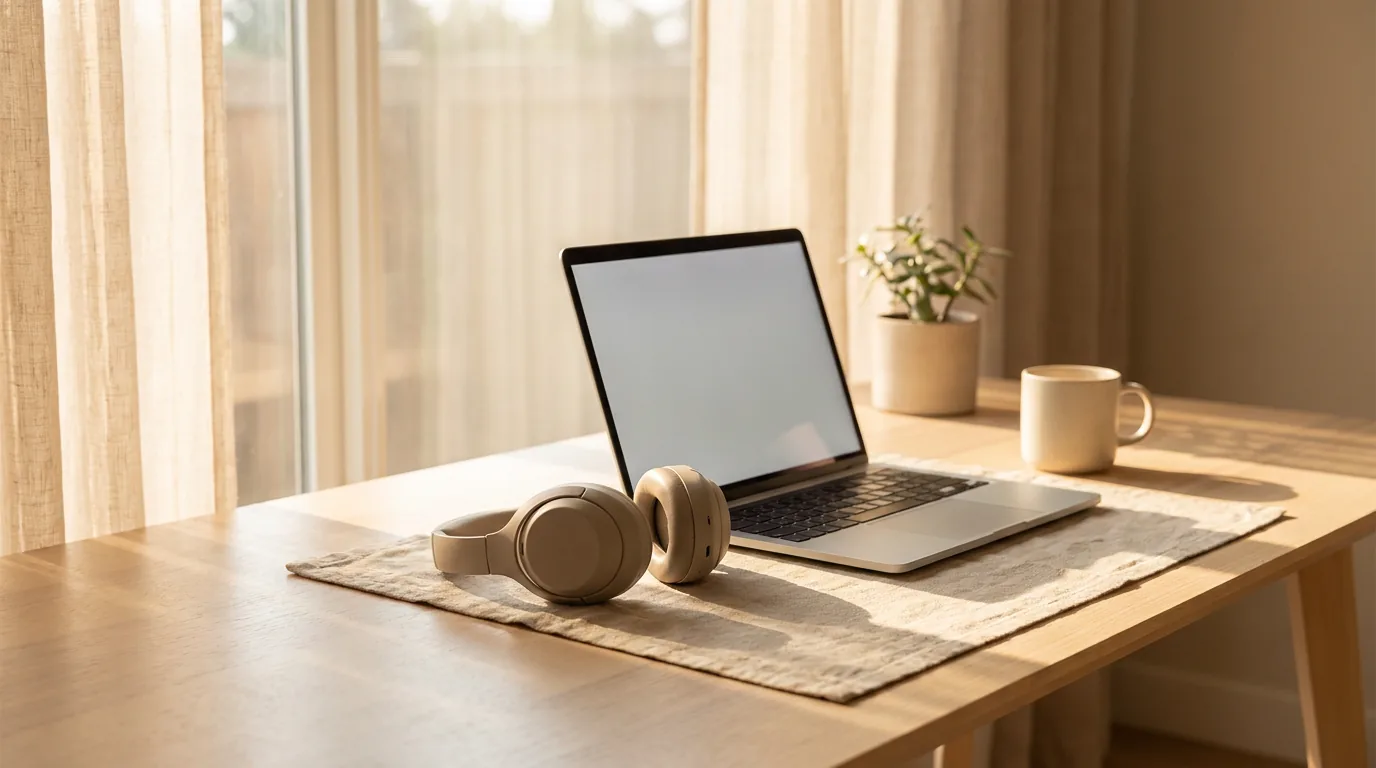A minimal modern desk with a headset and laptop in warm light, set up for an AI sales roleplay session.
