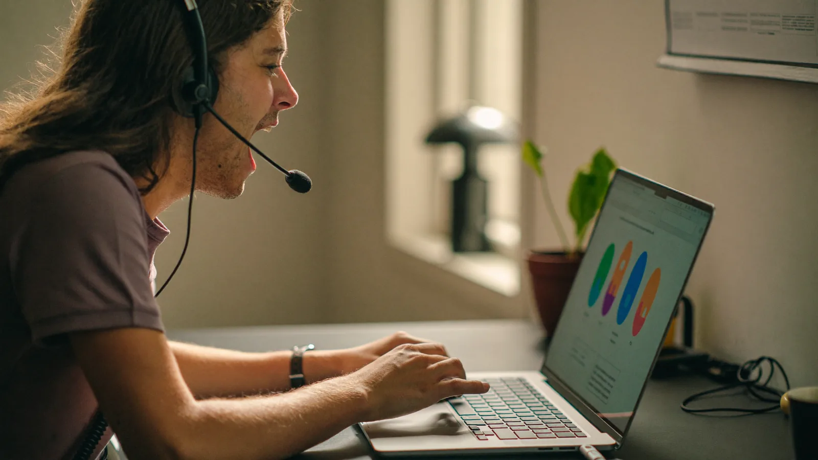 A sales rep wearing a headset practicing out loud at a home office desk in warm morning light.