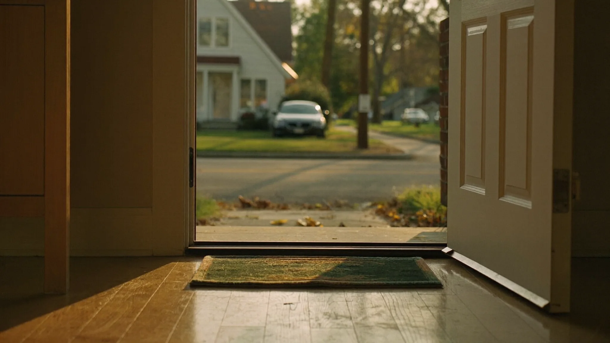 An open front doorway of a family home looking out to a quiet suburban street in warm golden afternoon light.