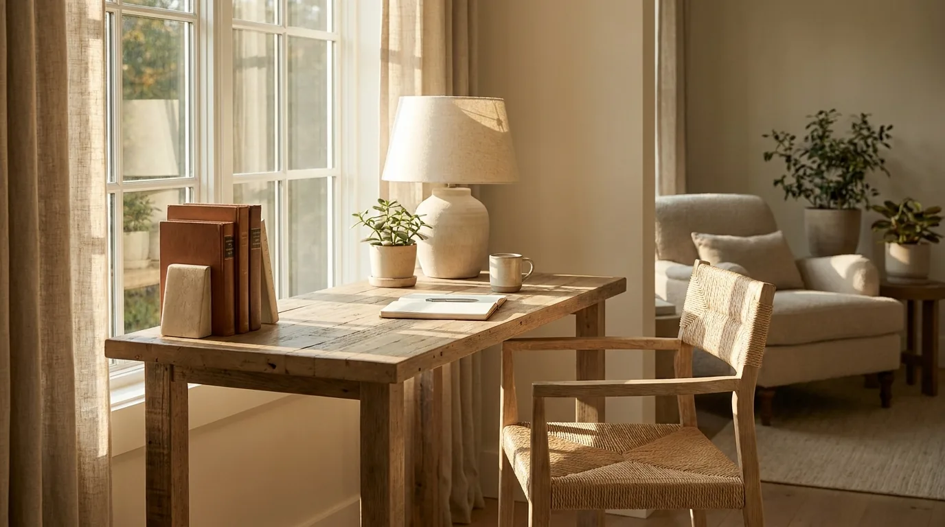 A tidy home office corner with a desk and chair by a sunlit window, a calm space for practicing cold calls.