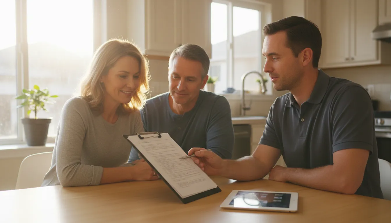 An HVAC comfort advisor reviewing system options with a homeowner couple at their kitchen table, a clipboard and tablet between them.