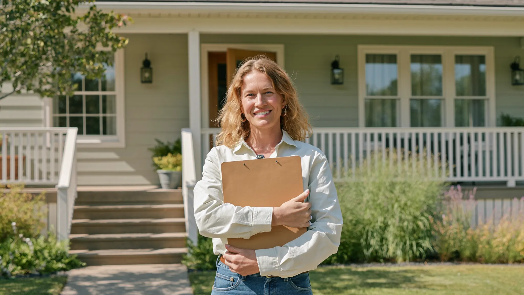 A field-sales professional with a clipboard at the front door of a well-kept suburban home in daylight.