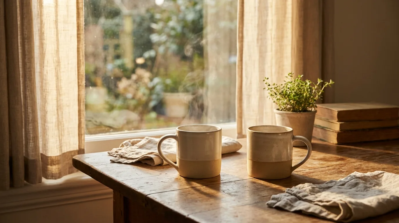Two coffee mugs on a kitchen table in warm morning light, the setting for a calm conversation with a hesitant buyer.