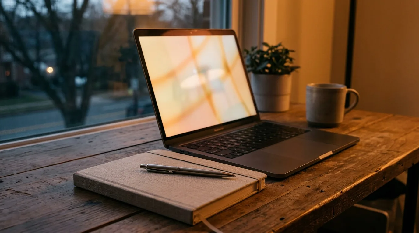 An open laptop glowing softly on a desk at dusk, representing AI scoring of a practice sales call.