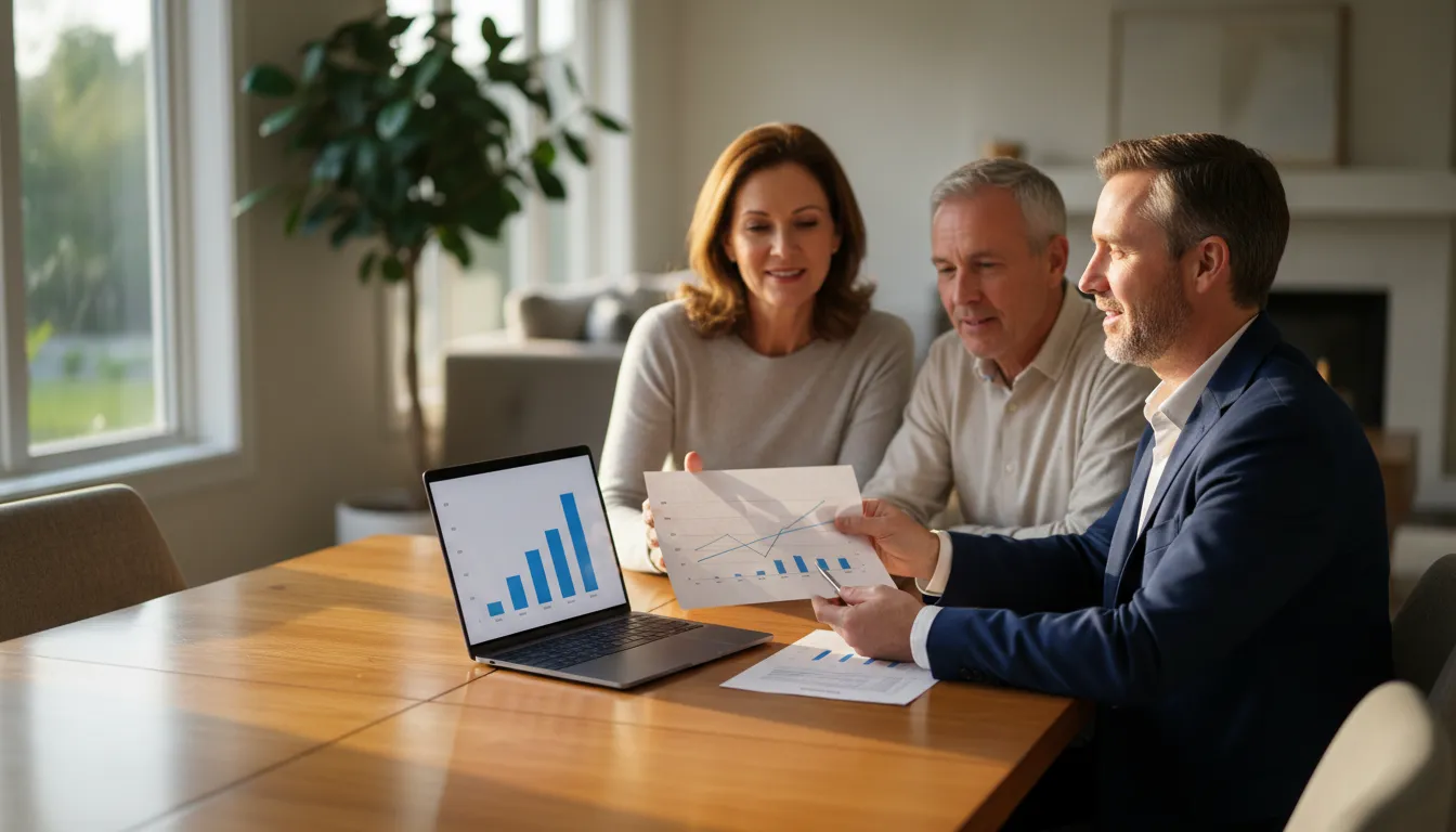 A real estate agent presenting a market analysis to a homeowner couple at their dining table in warm evening light.