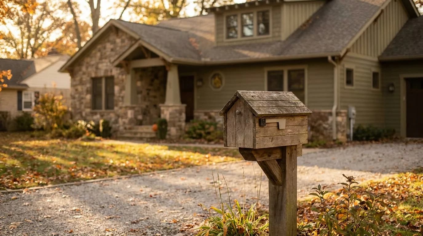A residential mailbox by a driveway at golden hour, where a rep hears the 'we already have someone' objection.