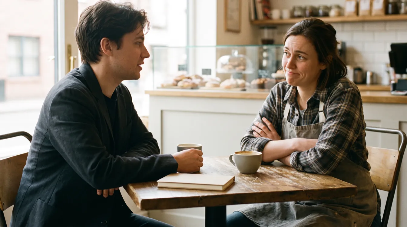 A marketing agency rep talks with a skeptical bakery owner at a cafe table.