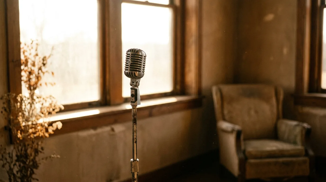 A vintage microphone by a sunlit window, representing voice practice over silent script memorization.