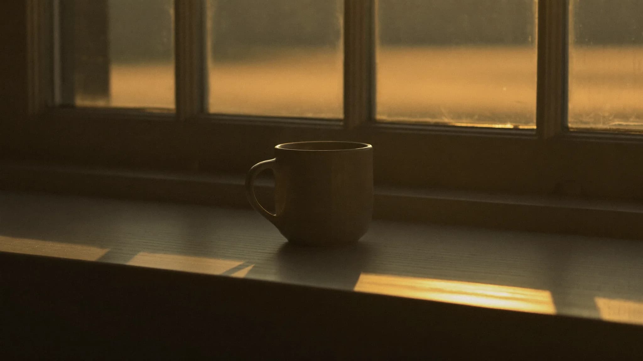 A coffee mug on a windowsill at sunrise, the setting for a daily sales practice habit.