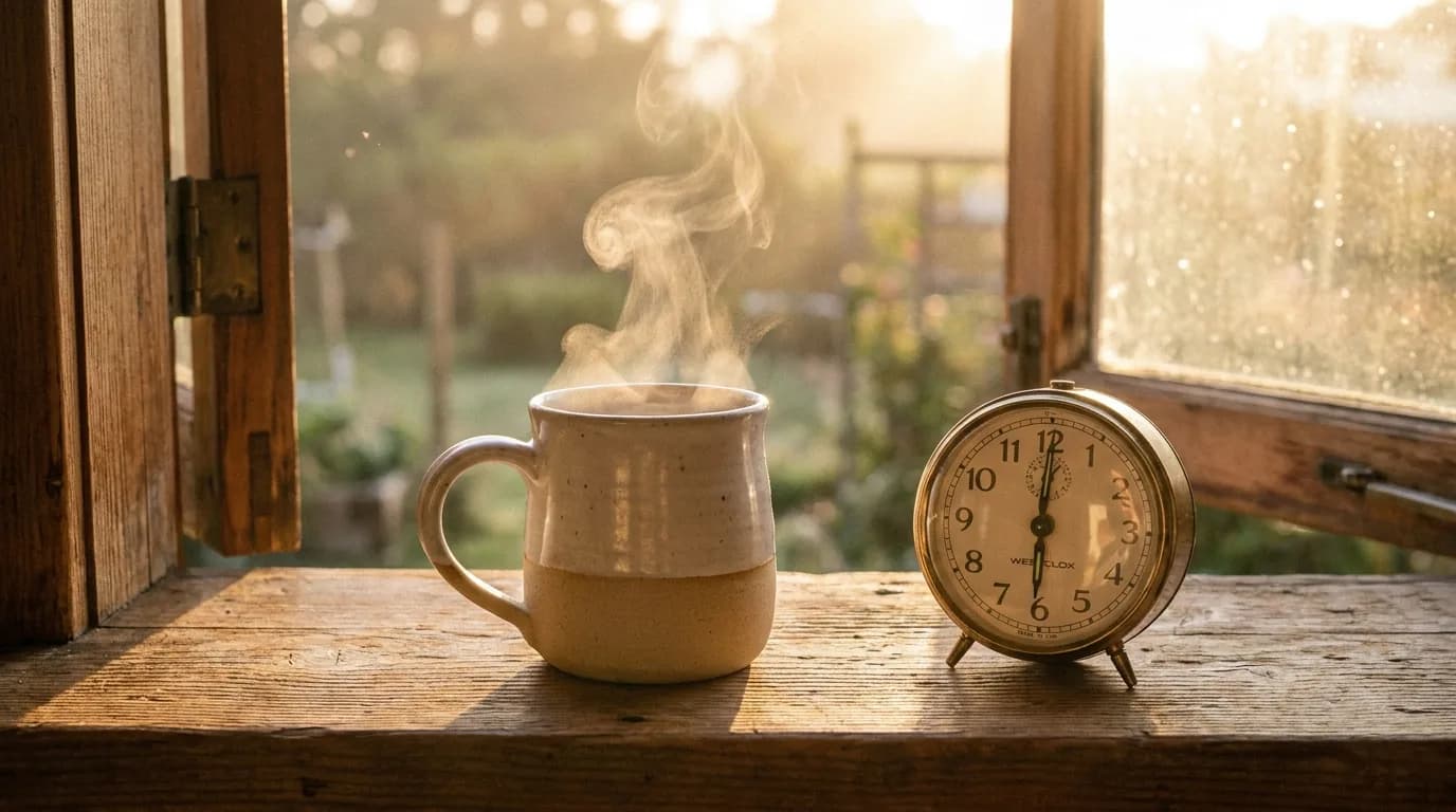 A coffee mug beside a small clock on a windowsill at sunrise, the setting for a daily sales practice habit.