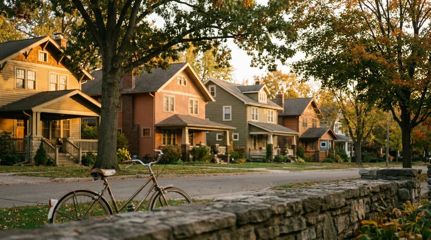 A quiet suburban neighborhood street at golden hour, the territory of door-to-door sales.