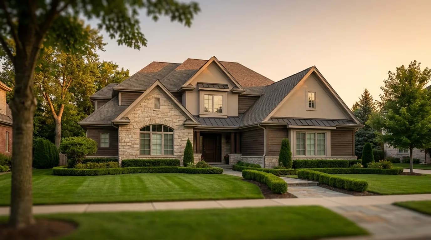An upscale suburban home at golden hour, representing the income top home-service sales reps can earn.