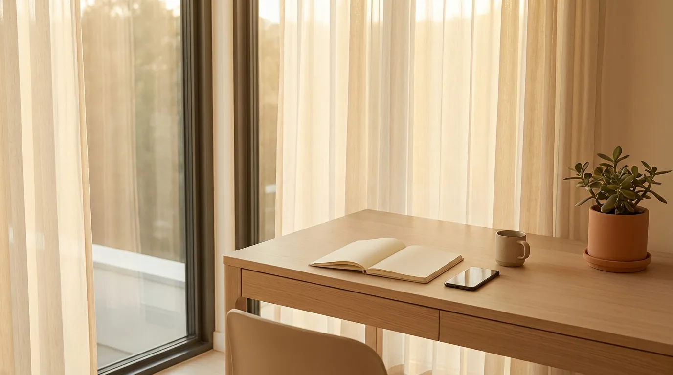 A calm home office desk with an open notebook and a phone at golden hour, set up for practicing objection handling.