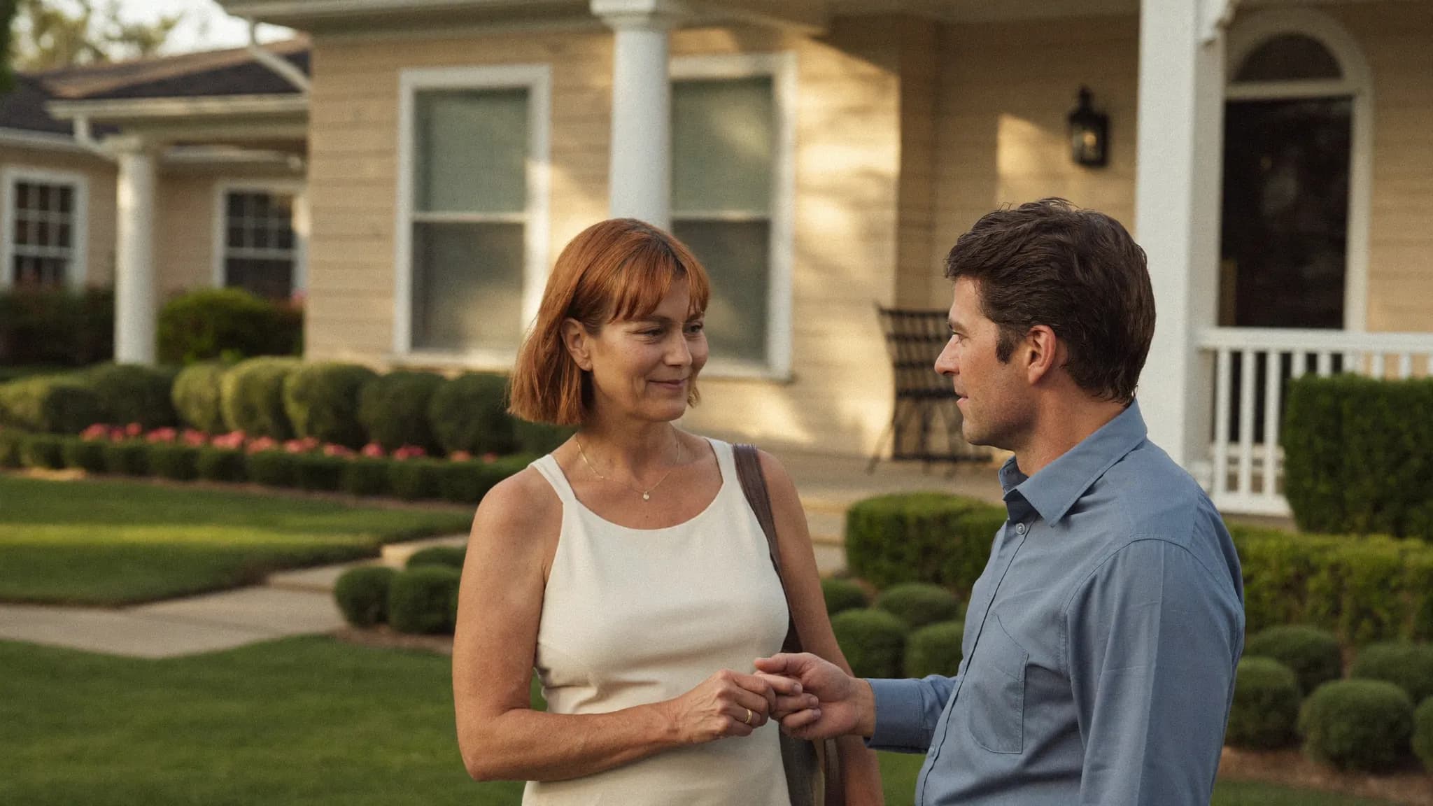 A field-sales professional listening to a homeowner mid-conversation on a suburban front porch in warm afternoon light.
