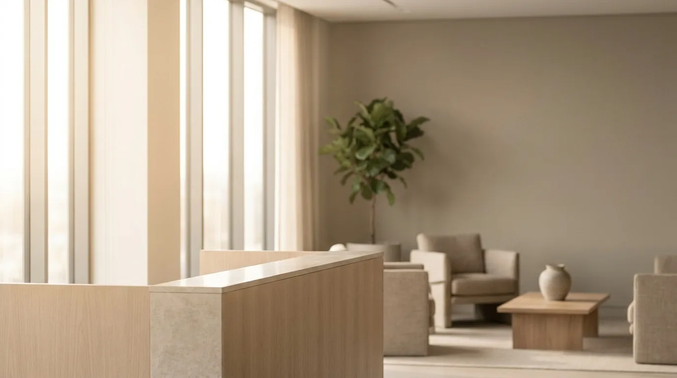 A calm modern office lobby with a reception desk, where a sales rep meets the gatekeeper.