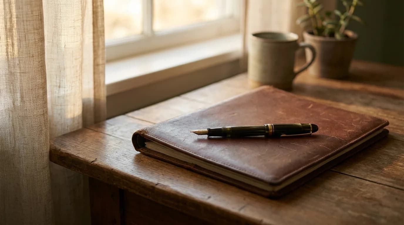 A fountain pen resting on a leather portfolio in warm light, evoking the moment a deal is closed.