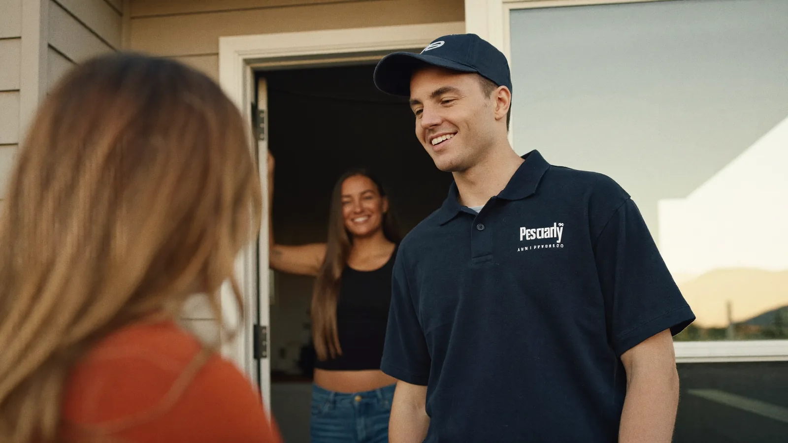 A pest control technician in a plain polo talking with a homeowner on a suburban front porch at golden hour.