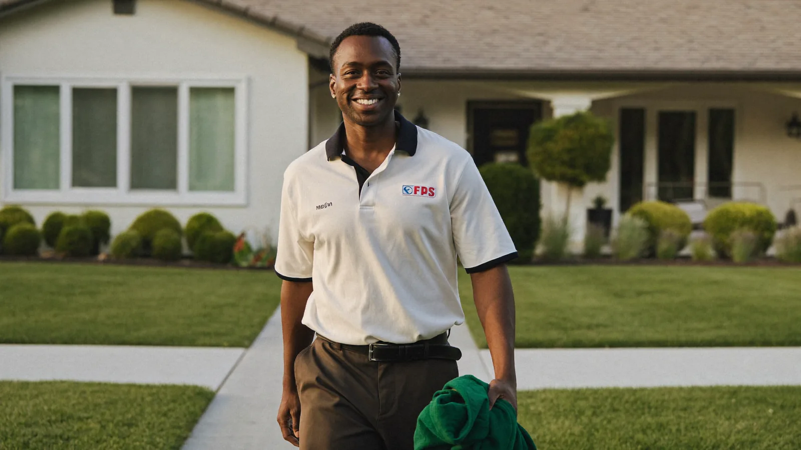 A pest control sales rep in a plain polo walking up a suburban front walkway with a friendly wave in morning light.