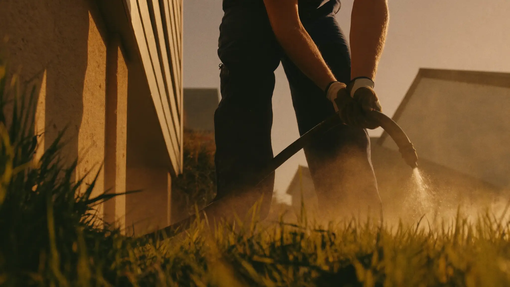 A pest control technician kneeling to treat the foundation perimeter along the base of a suburban home in morning light.