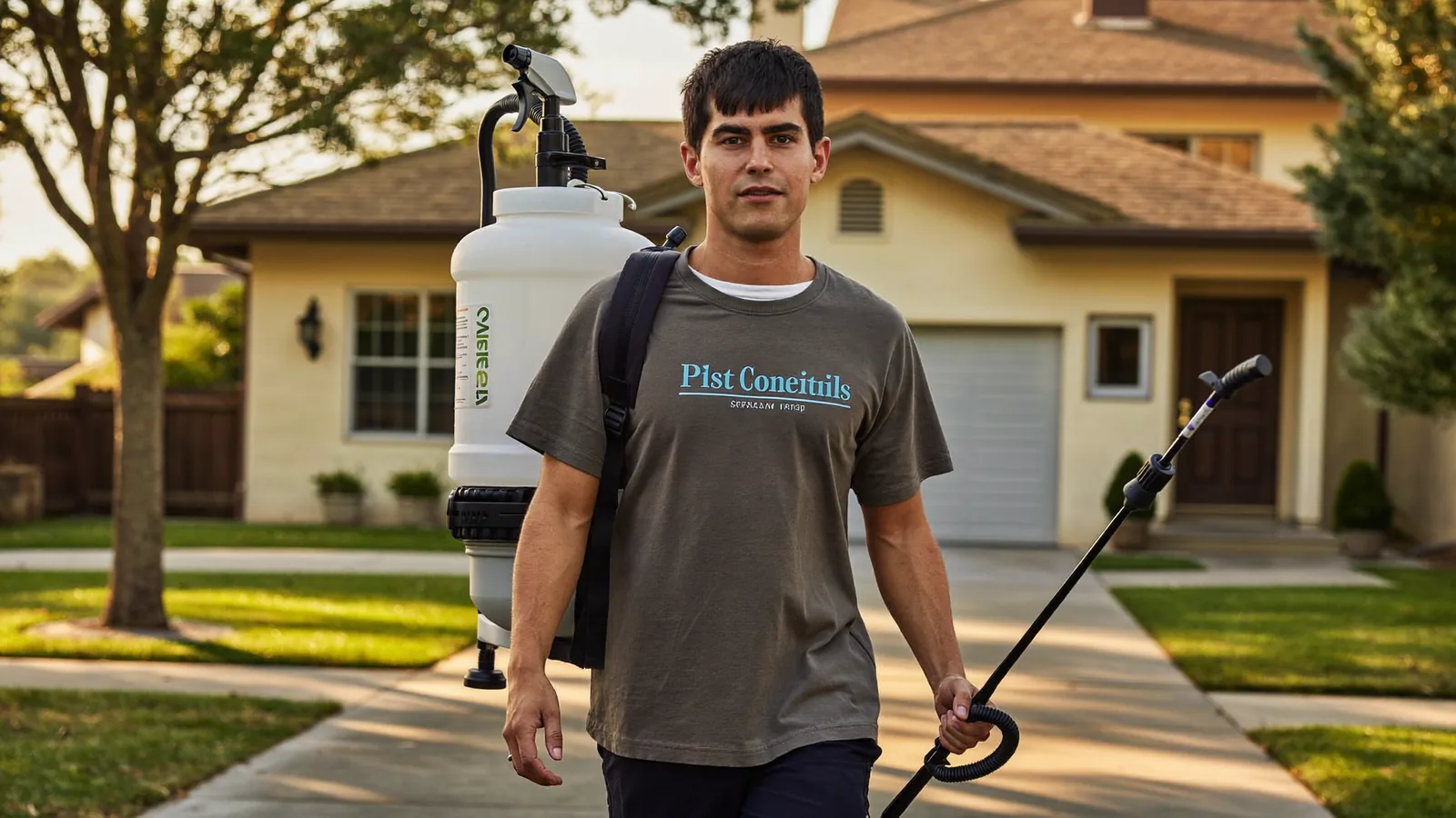 A pest control technician carrying a backpack sprayer walking up a suburban driveway in warm morning light.