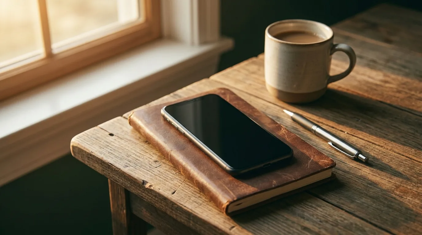 A smartphone resting on a notepad with a pen and coffee on a sunlit desk, set up for a focused cold-calling session.
