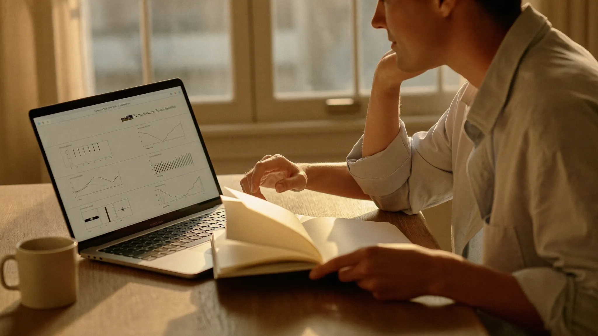 A home-services business owner at a kitchen table reviewing costs on a laptop and notebook in warm morning light.