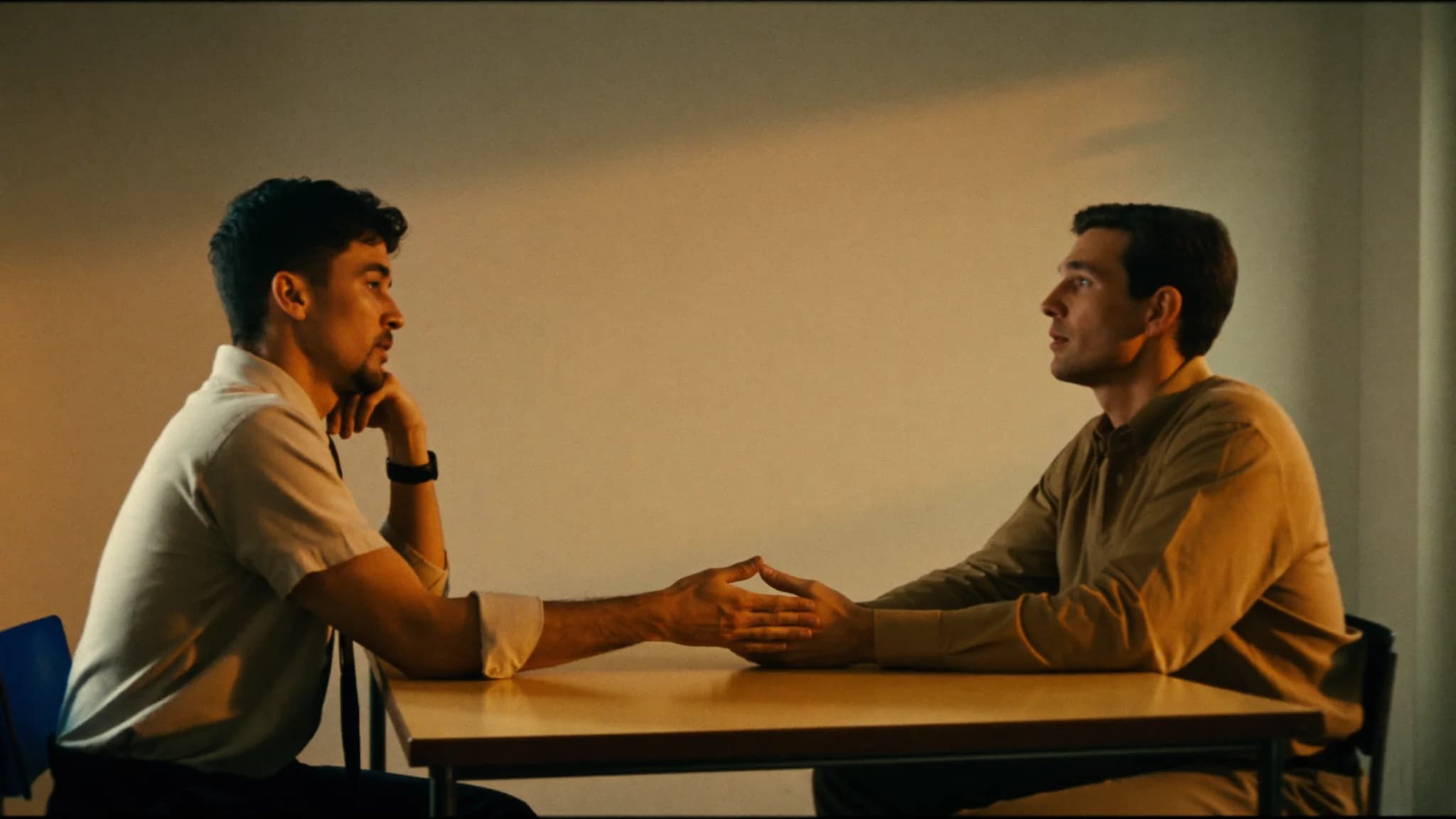 A sales manager and a rep sitting across from each other in a bright office running a practice roleplay.