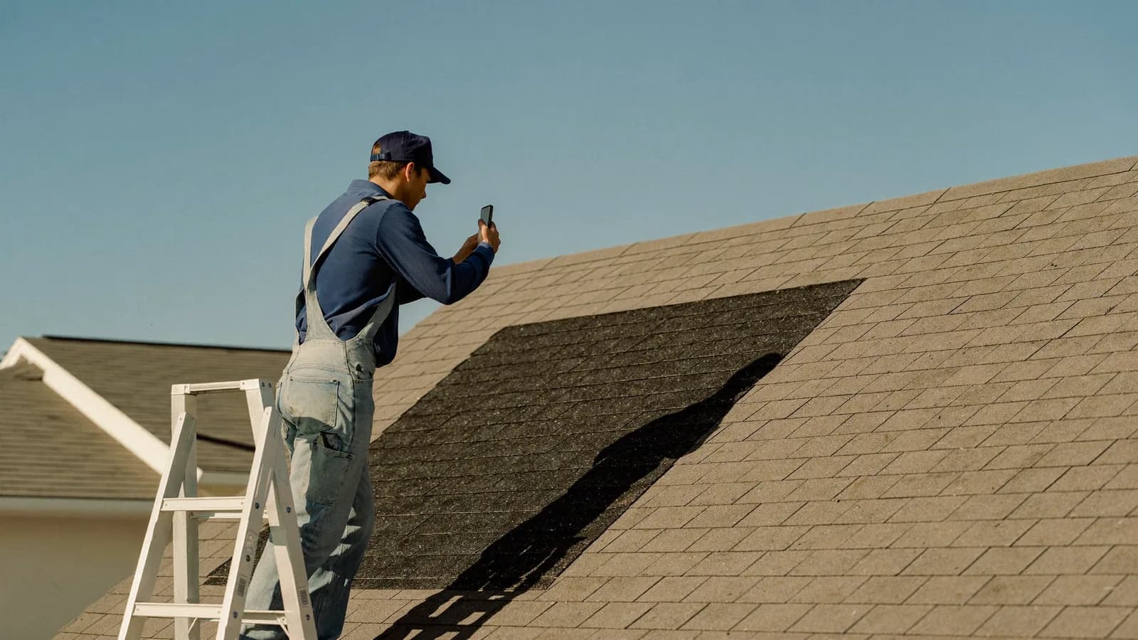 A roofing contractor on a ladder photographing storm damage on a suburban asphalt shingle roof under a clear sky.