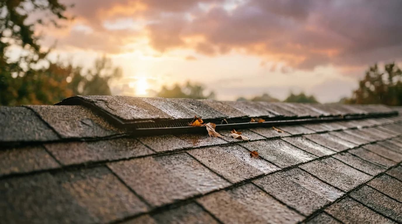 A close-up of a shingle roof ridge against a warm sky after a storm, the subject of the insurance deductible conversation.