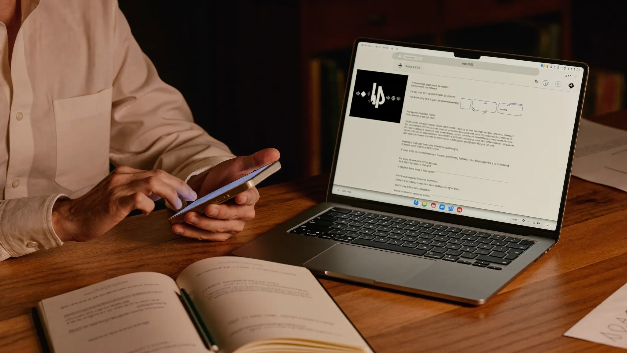 A sales manager at a desk comparing figures on a phone and laptop in warm evening light.