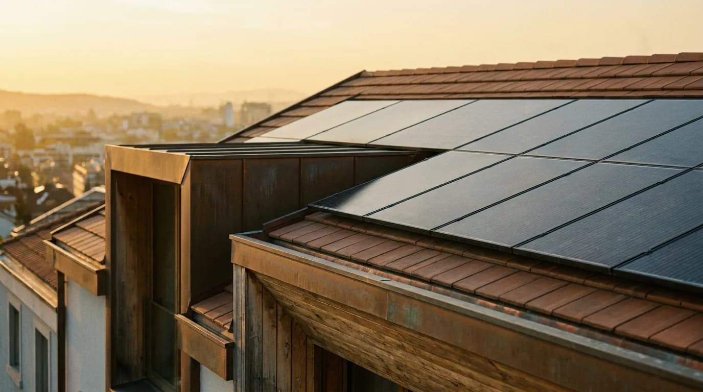 A close-up of rooftop solar panels against a warm golden sky, the product behind the common 'solar is a scam' objection.