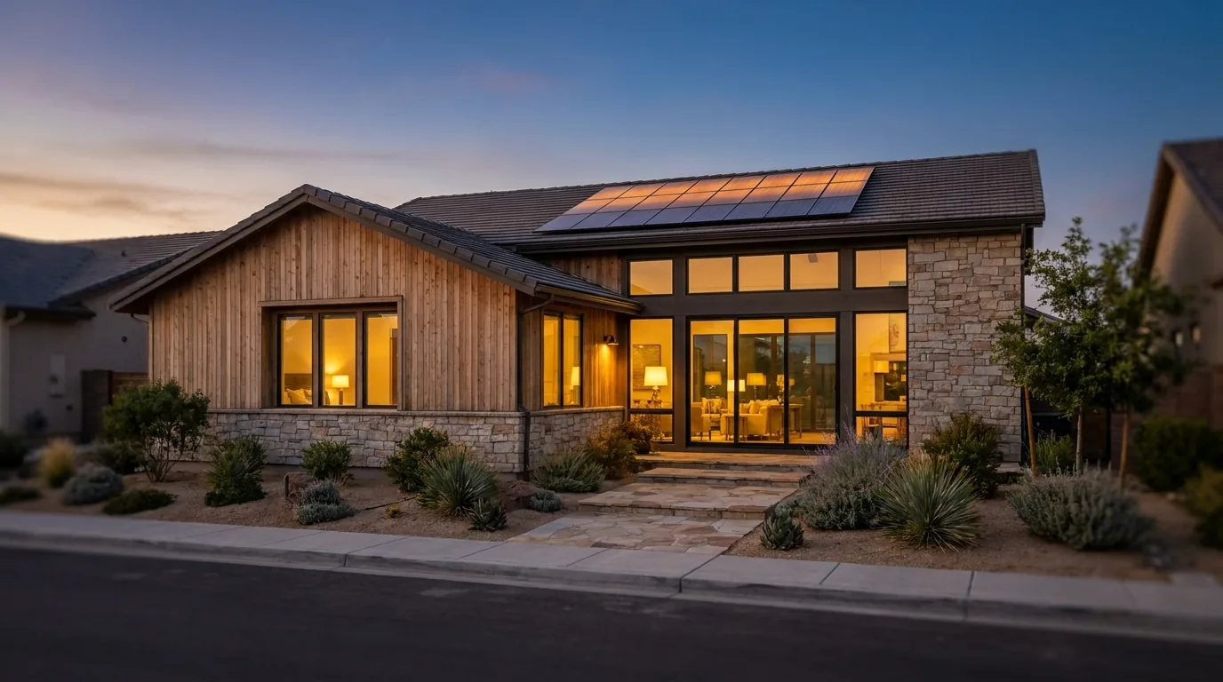 A modern home at dusk with rooftop solar and warm lit windows, illustrating the payoff of solar financing.