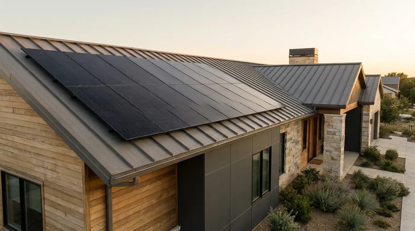 Rooftop solar panels on a modern suburban home under a warm golden-hour sky, the kind of install a door-to-door solar rep sells.