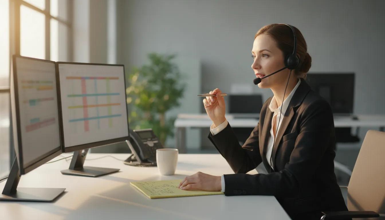 A recruiter on a headset making a business development call at a tidy desk, notes and a second monitor in soft morning light.