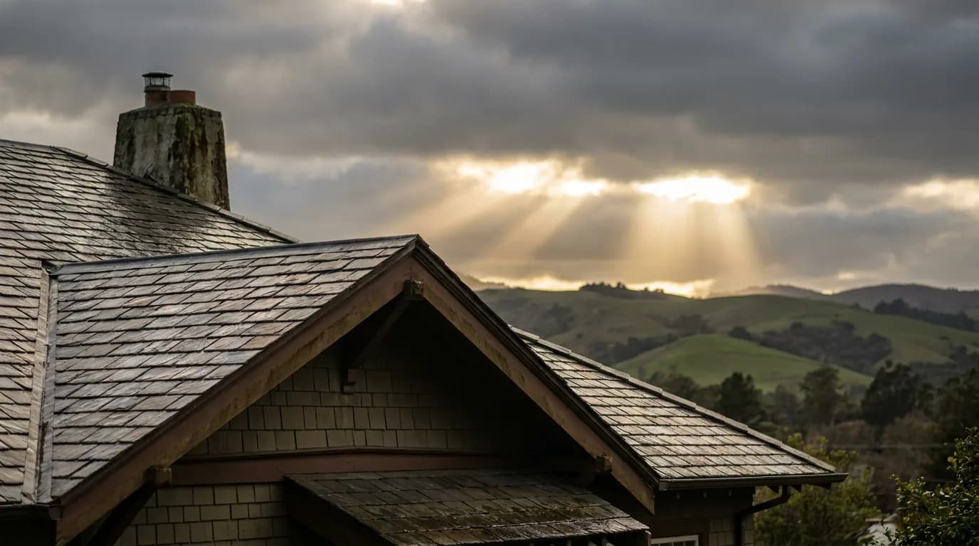 A suburban roofline under a clearing sky after a storm, with warm light breaking through, the scene a restoration rep works after hail or wind damage.
