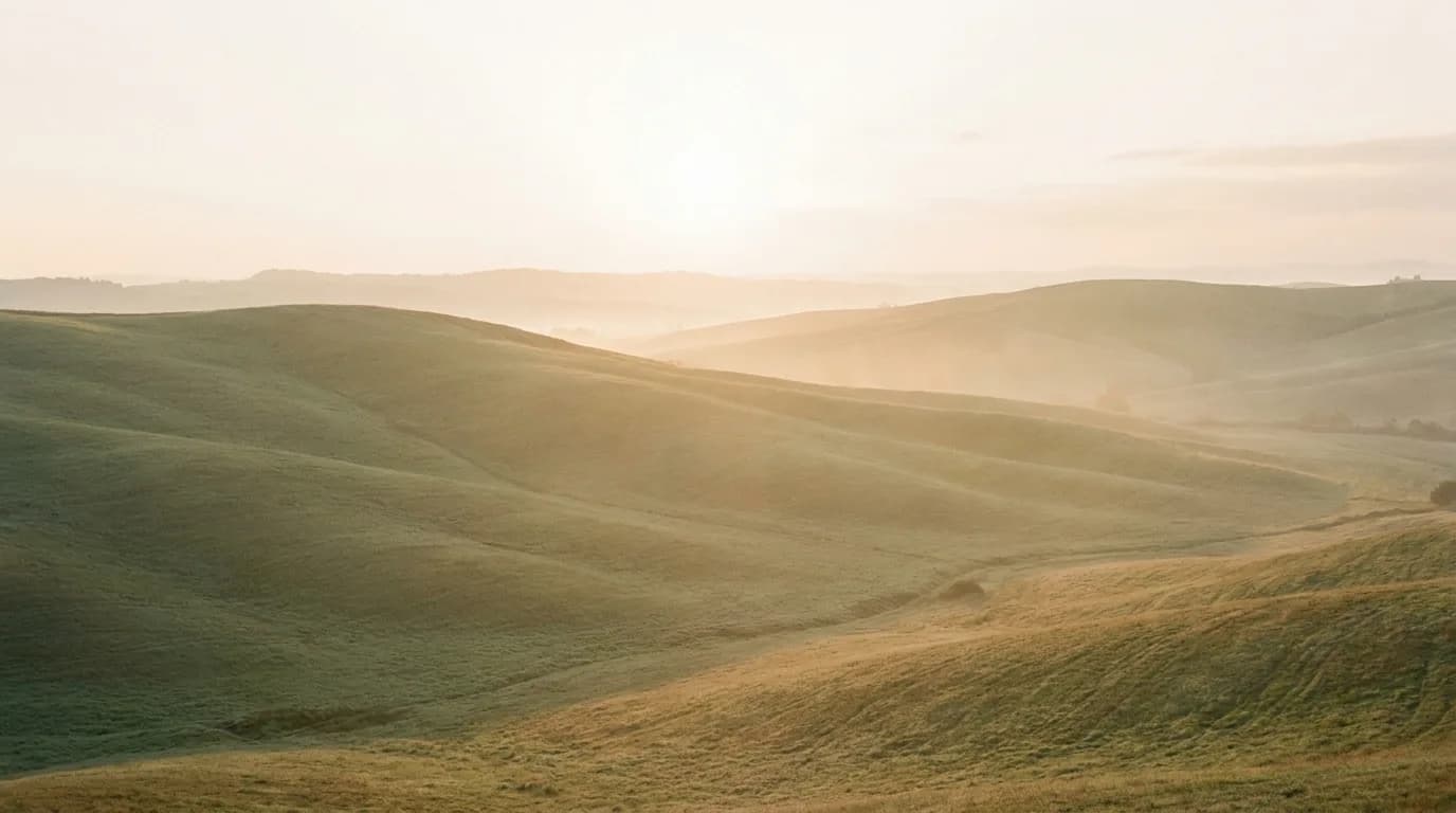Rolling green hills under a soft sunrise, evoking the compounding returns of consistent sales practice.