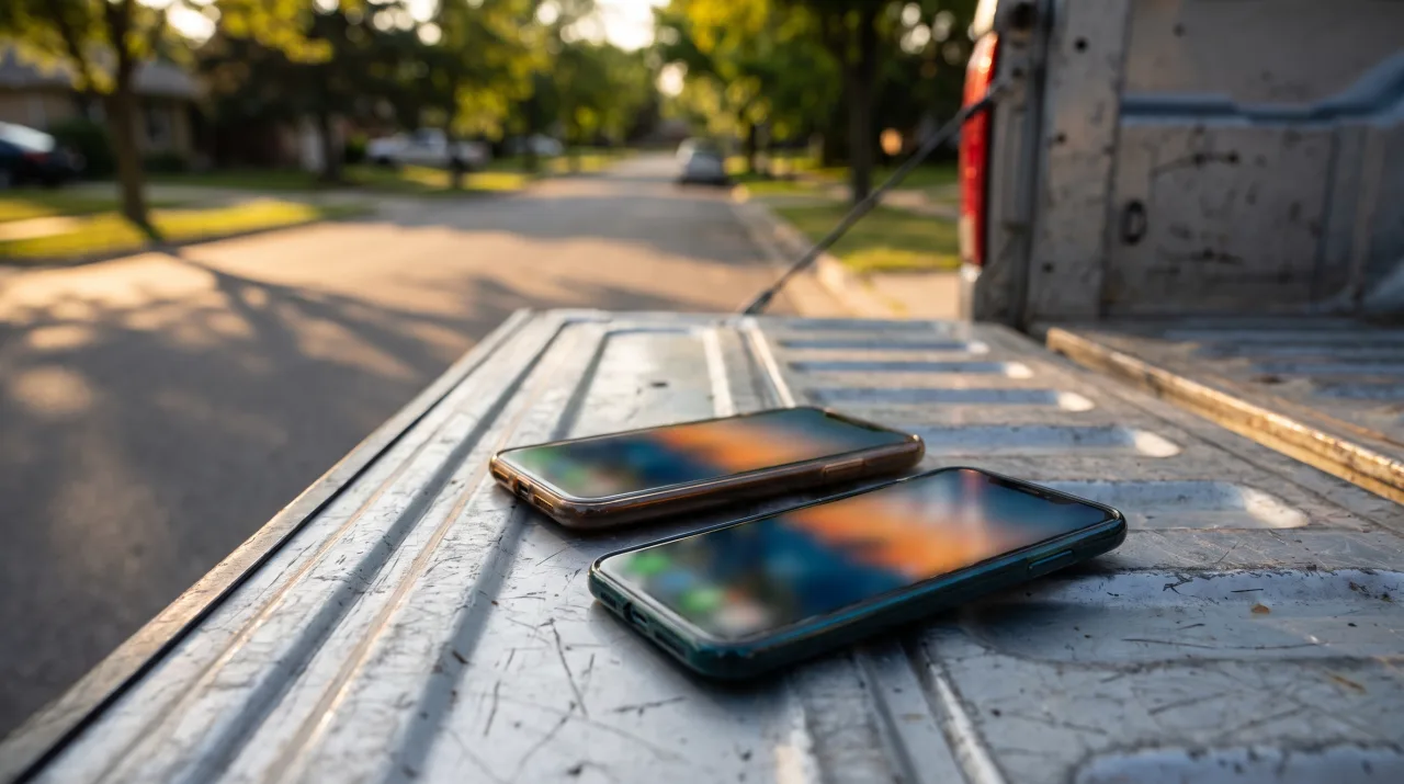 Two smartphones side by side on a pickup truck tailgate at golden hour, screens softly out of focus, suburban street blurred behind