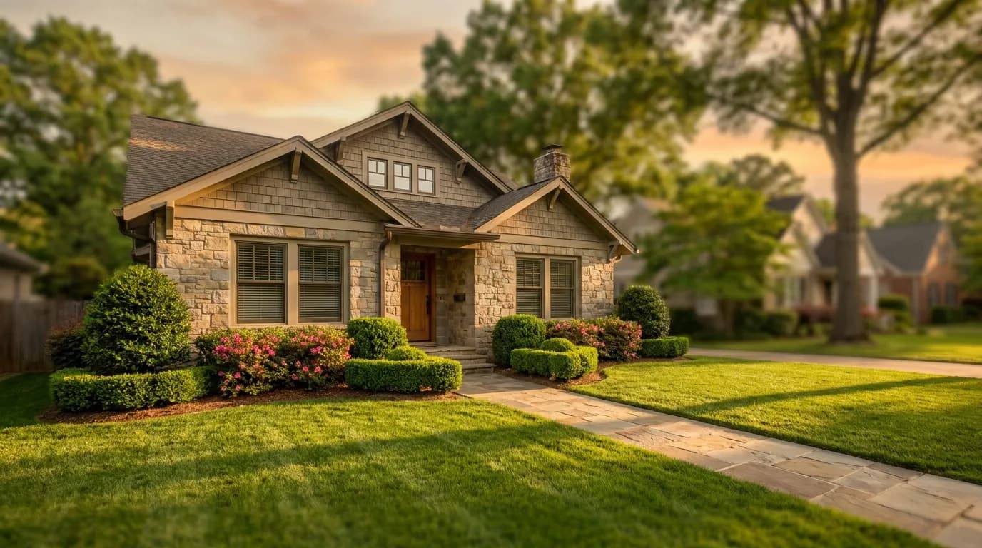 A tidy suburban home with a neat lawn at golden hour, the kind of property a pest control rep protects with a recurring plan.