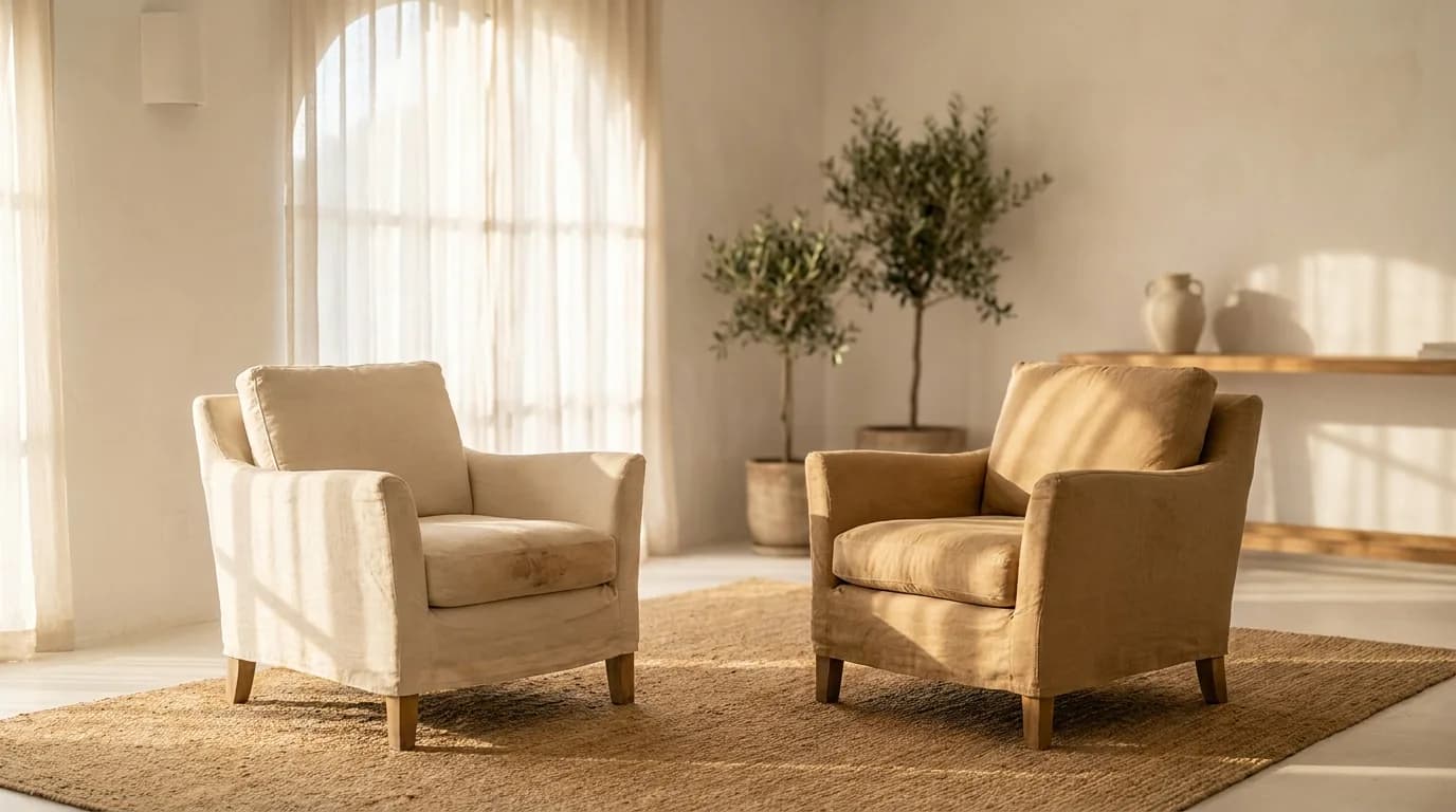 Two armchairs facing each other in a bright, calm room, the classic setup for a sales roleplay session.